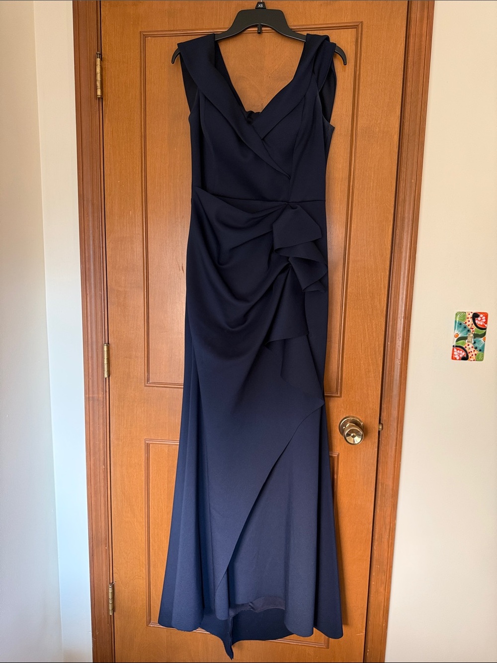 Xscape Navy Sleeveless Draped Maxi Gown